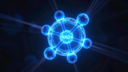 Glowing NAD+ molecule, cellular energy, longevity research.