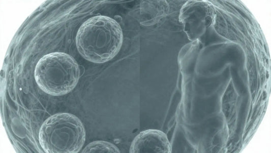Microscopic cells and abstract male vitality.