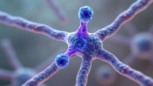 Glowing peptide chains interacting with cellular structures.