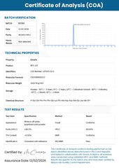 Certificate of Analysis (COA) for a product with technical properties and test results.
