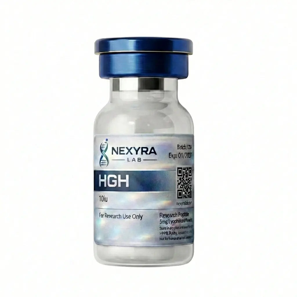 Vial labeled 'Nexyra hgh peptide' with blue cap on a white background